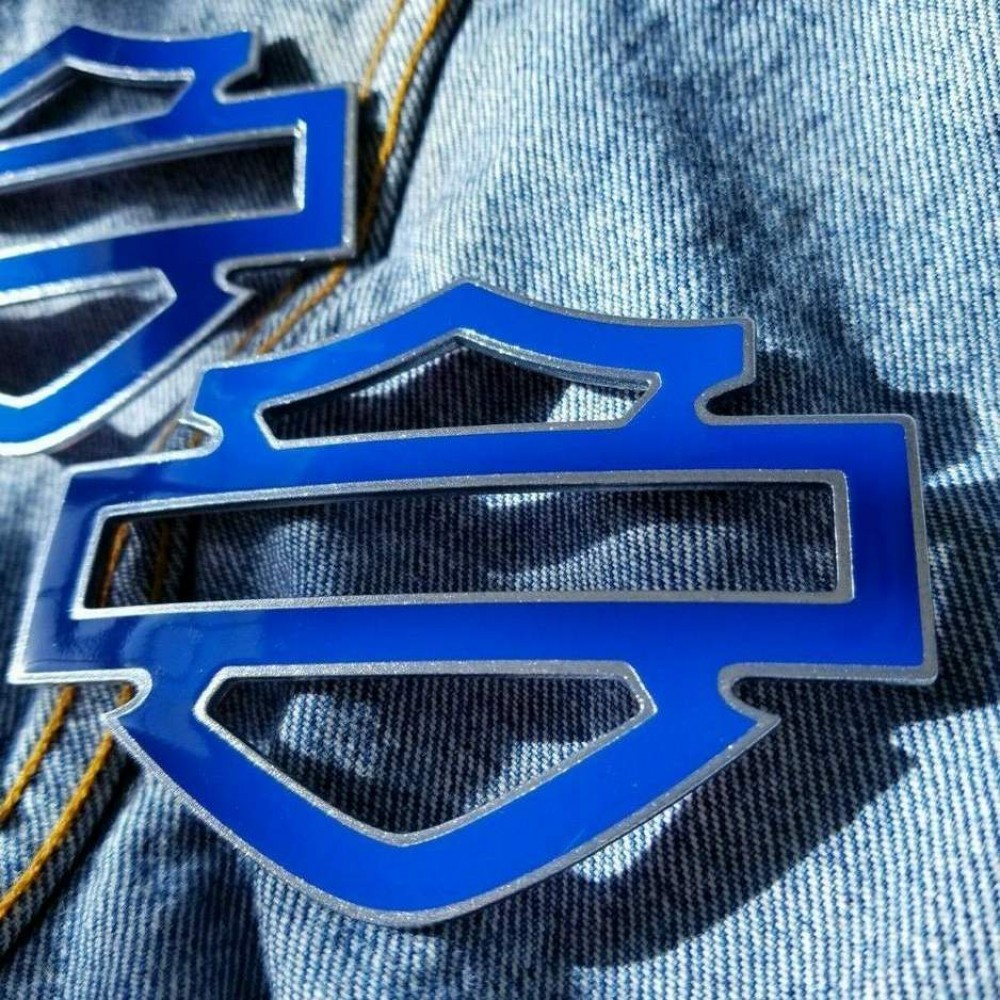 Blue with silver front outline tank emblems for Harley